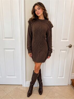 Astr Brown Cable Knit Sweater Dress Chunky Knit Long Sleeve Mini Dress Boho Chic